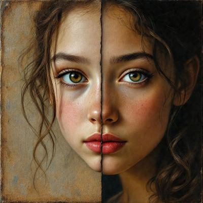 The primary subject of the image is a woman with two different colored eyes. One eye is blue, and the other is green. The setting is a painting, and the visual style is a portrait. The colors and mood of the image are vibrant and captivating, with the woman's unique eye color being the focal point.